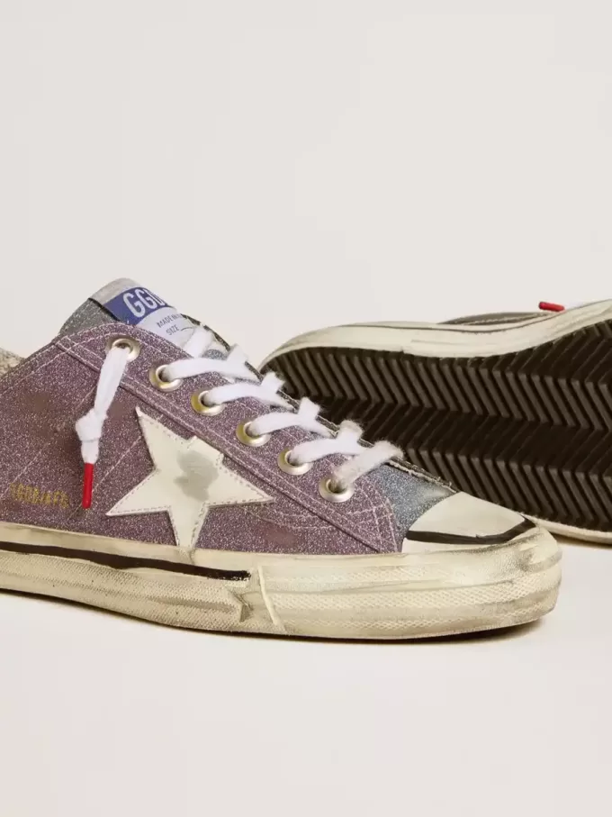 V-Star LAB voor dames in lila leer en glitter met witte ster en zilveren glitter tong