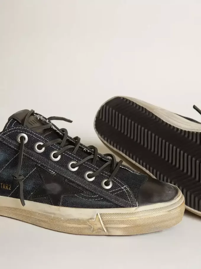 V-Star sneakers in middernachtblauw denim met zwarte leren ster en neus