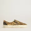 VCE Penstar voor dames in ponyhuid met luipaardprint en zwarte leren hielband
