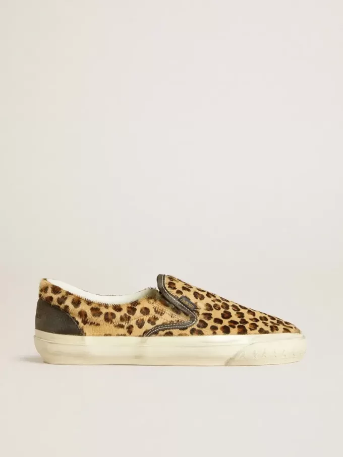 VCE Penstar voor dames in ponyhuid met luipaardprint en zwarte leren hielband