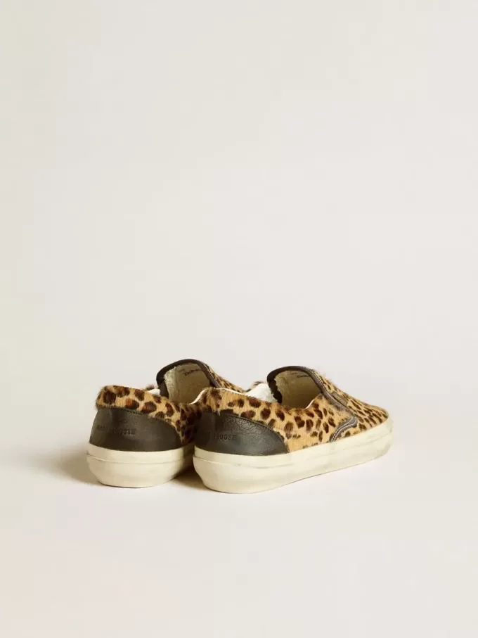 VCE Penstar voor dames in ponyhuid met luipaardprint en zwarte leren hielband