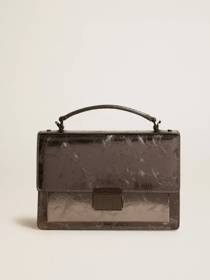 Venezia-tas in antracietgrijs metallic leer met zwarte details