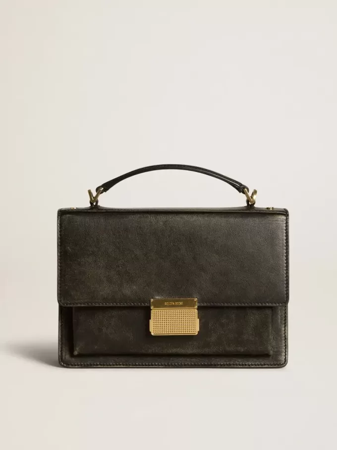 Venezia-tas in zwart distressed leer met gouden details