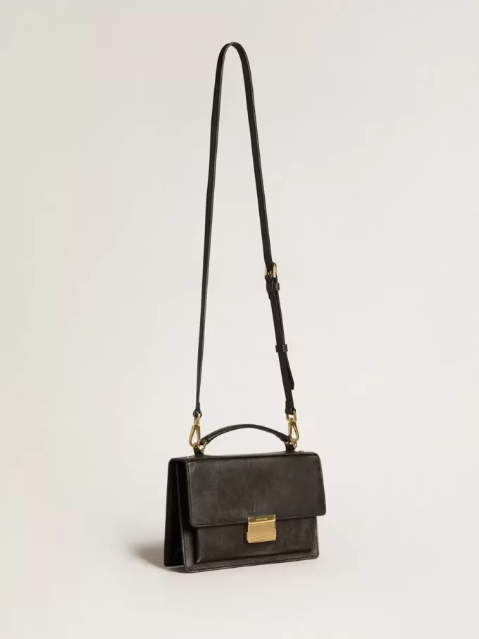 Venezia-tas in zwart distressed leer met gouden details