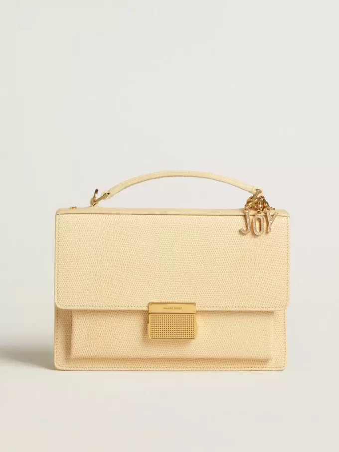 Venezia-tas van beige leer met pythonprint en gouden details