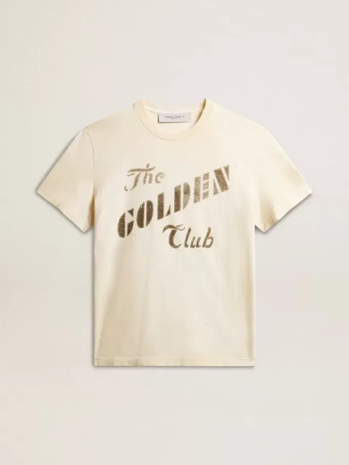 Verouderd wit katoenen T-shirt voor heren met gouden print