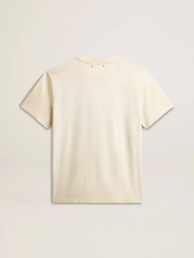 Verouderd wit katoenen T-shirt voor heren met gouden print