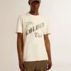 Verouderd wit katoenen T-shirt voor heren met gouden print
