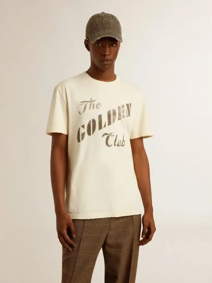 Verouderd wit katoenen T-shirt voor heren met gouden print
