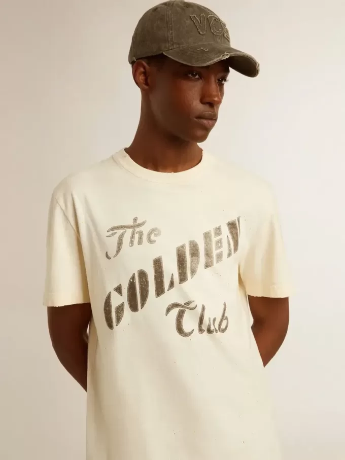 Verouderd wit katoenen T-shirt voor heren met gouden print