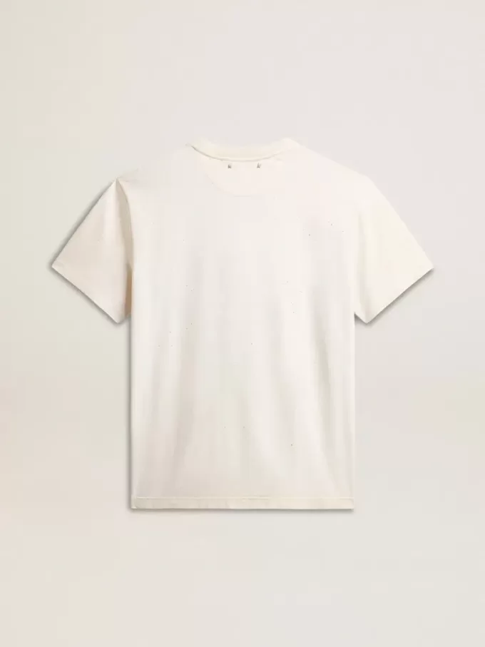 Verouderd wit katoenen T-shirt voor heren met gouden print