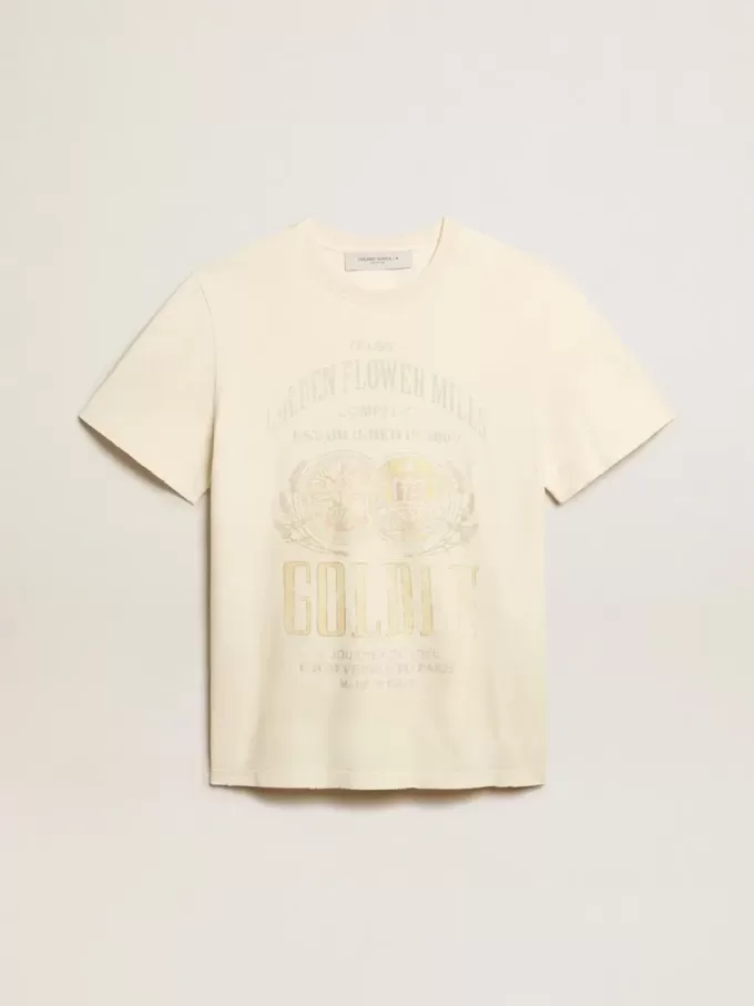 Verouderd wit katoenen T-shirt voor heren met print op de voorkant