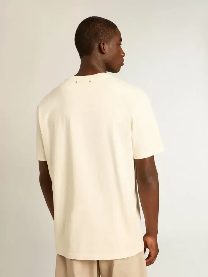 Verouderd wit katoenen T-shirt voor heren met print op de voorkant