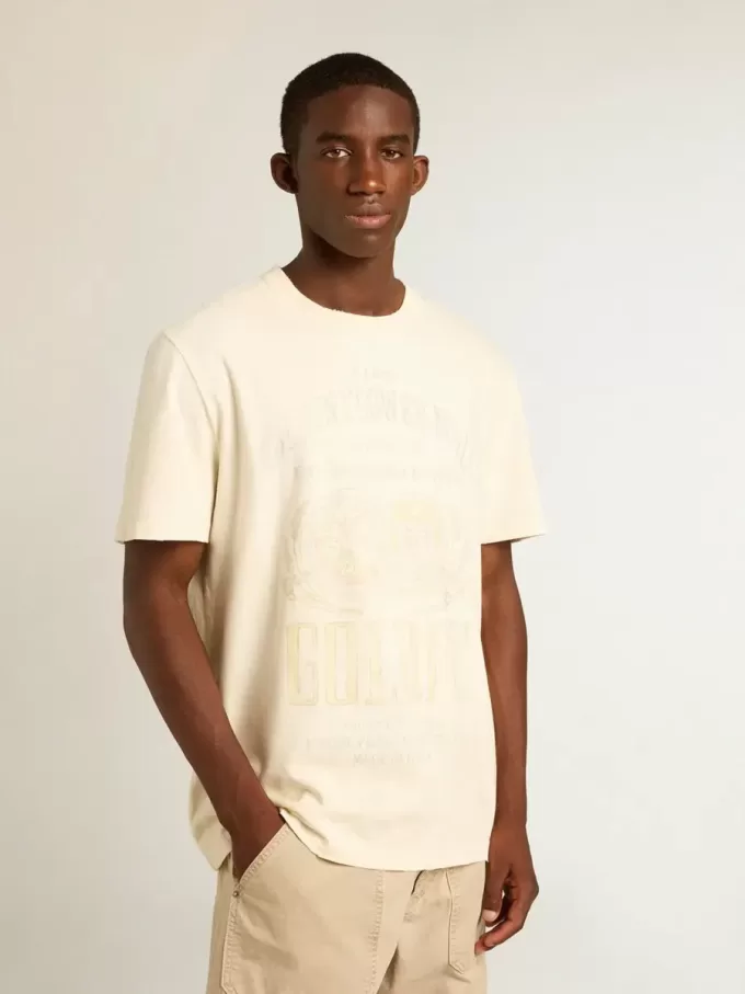 Verouderd wit katoenen T-shirt voor heren met print op de voorkant