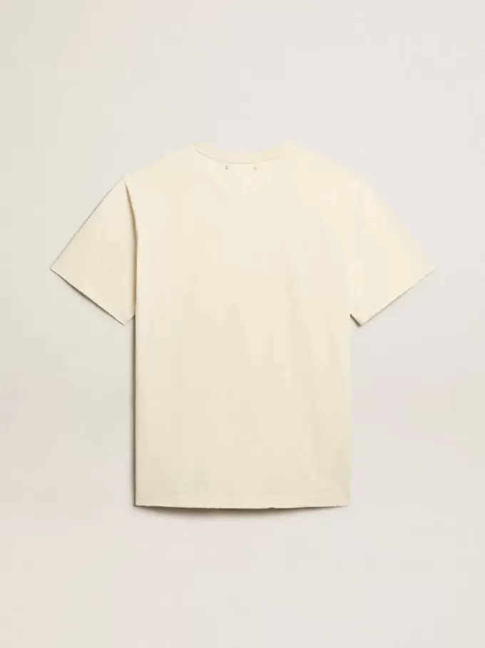 Verouderd wit katoenen T-shirt voor heren met print op de voorkant