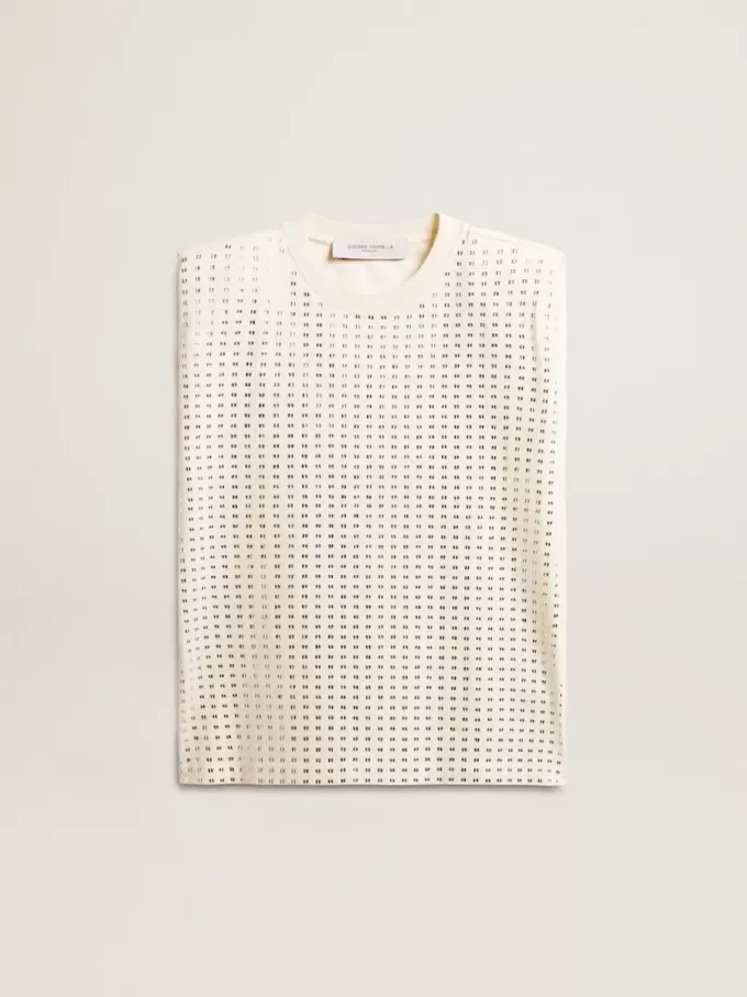 Verouderd wit mouwloos T-shirt versierd met kristallen