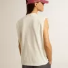 Verouderd wit mouwloos T-shirt versierd met kristallen
