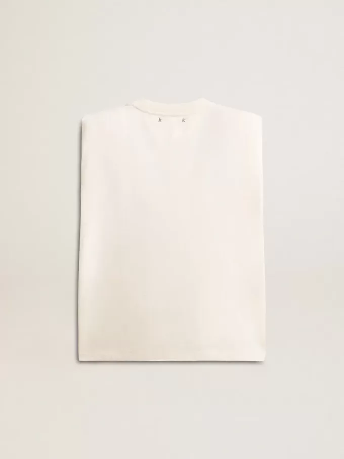 Verouderd wit mouwloos T-shirt versierd met kristallen