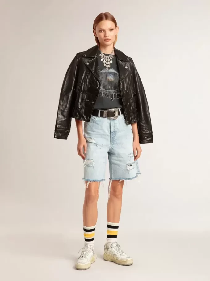 Bermudashort voor dames van denim met doorleefd effect