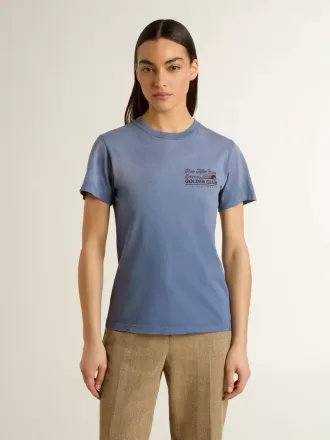 Vervaagd lichtblauw T-shirt voor dames met print op de borst