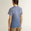 Vervaagd lichtblauw T-shirt voor dames met print op de borst