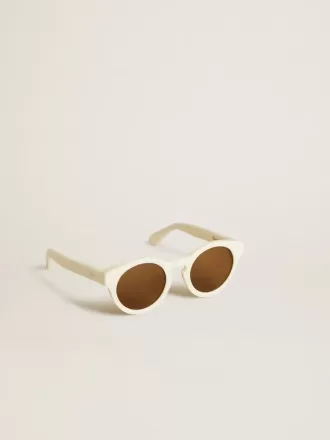 Vierkante Panthos-zonnebril met beige montuur en gouden details