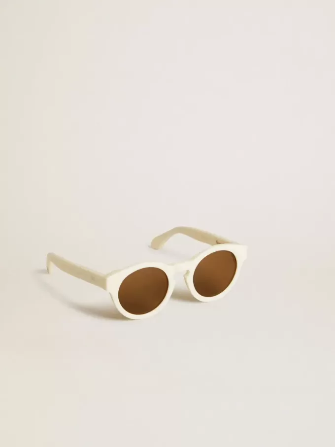 Vierkante Panthos-zonnebril met beige montuur en gouden details