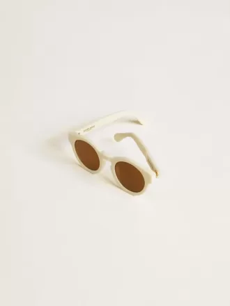 Vierkante Panthos-zonnebril met beige montuur en gouden details