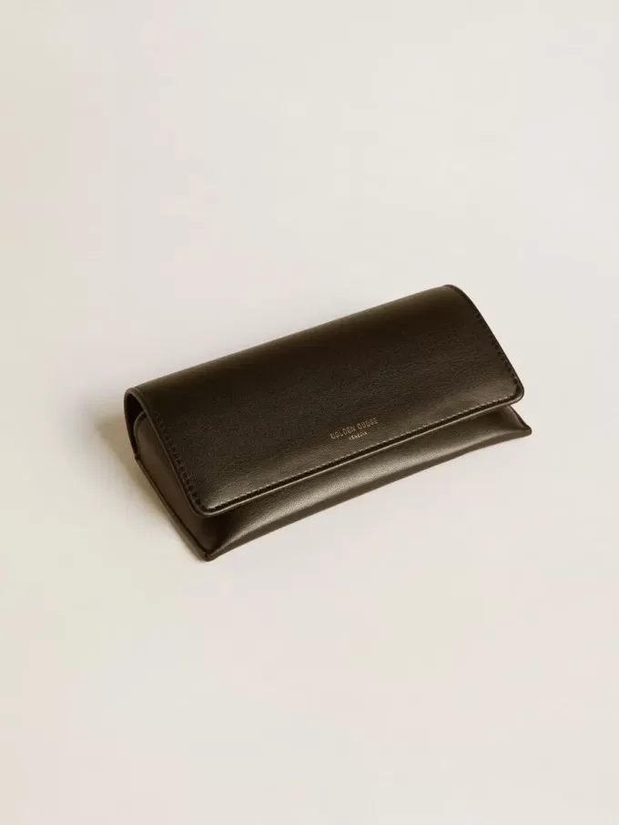 Vierkante Panthos-zonnebril met beige montuur en gouden details