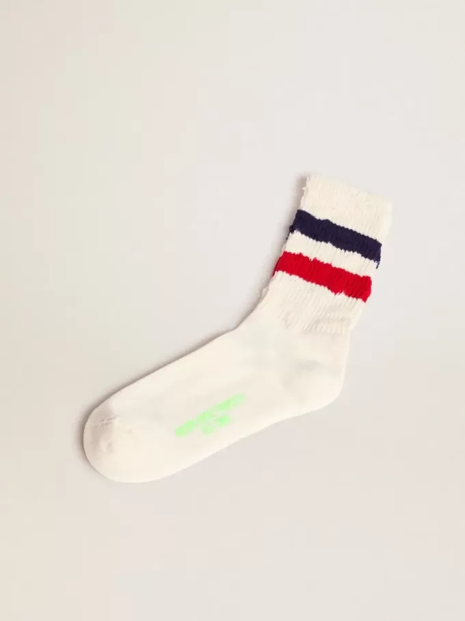 Vintage witte sokken met distressed details en tweekleurige strepen
