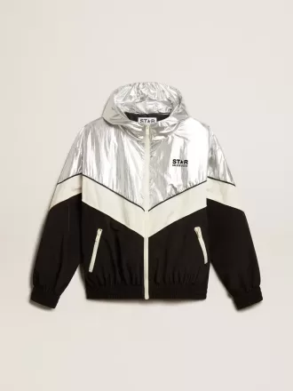 Windjack voor dames in zilver en zwart technisch materiaal