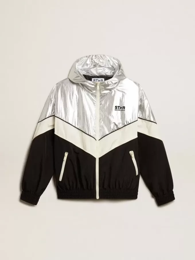 Windjack voor dames in zilver en zwart technisch materiaal