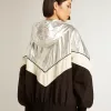 Windjack voor dames in zilver en zwart technisch materiaal