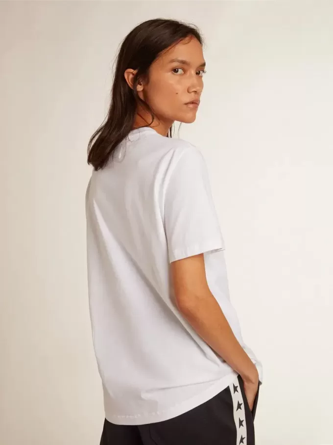 Wit dames-T-shirt met donkerblauwe ster op de voorkant