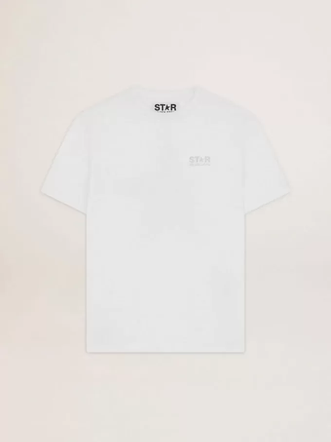 Wit dames-T-shirt met zilveren glitterlogo en ster