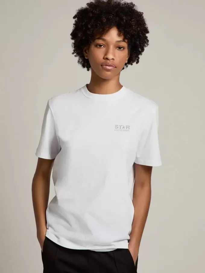 Wit dames-T-shirt met zilveren glitterlogo en ster