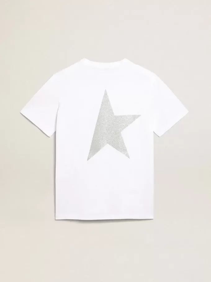 Wit dames-T-shirt met zilveren glitterlogo en ster