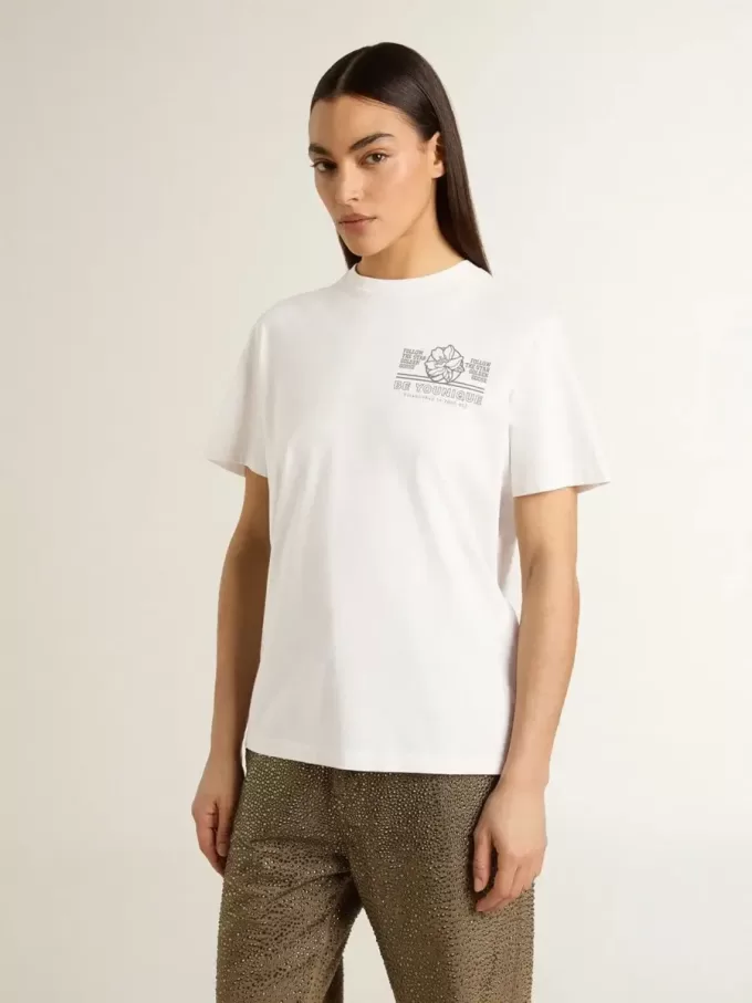 Wit dames-T-shirt met zwarte print op de borst