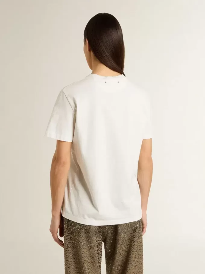 Wit dames-T-shirt met zwarte print op de borst