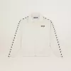 Wit damessweatshirt met ritssluiting, witte streep en zwarte sterren