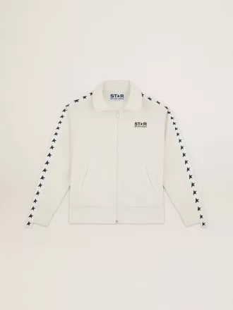Wit damessweatshirt met ritssluiting, witte streep en zwarte sterren