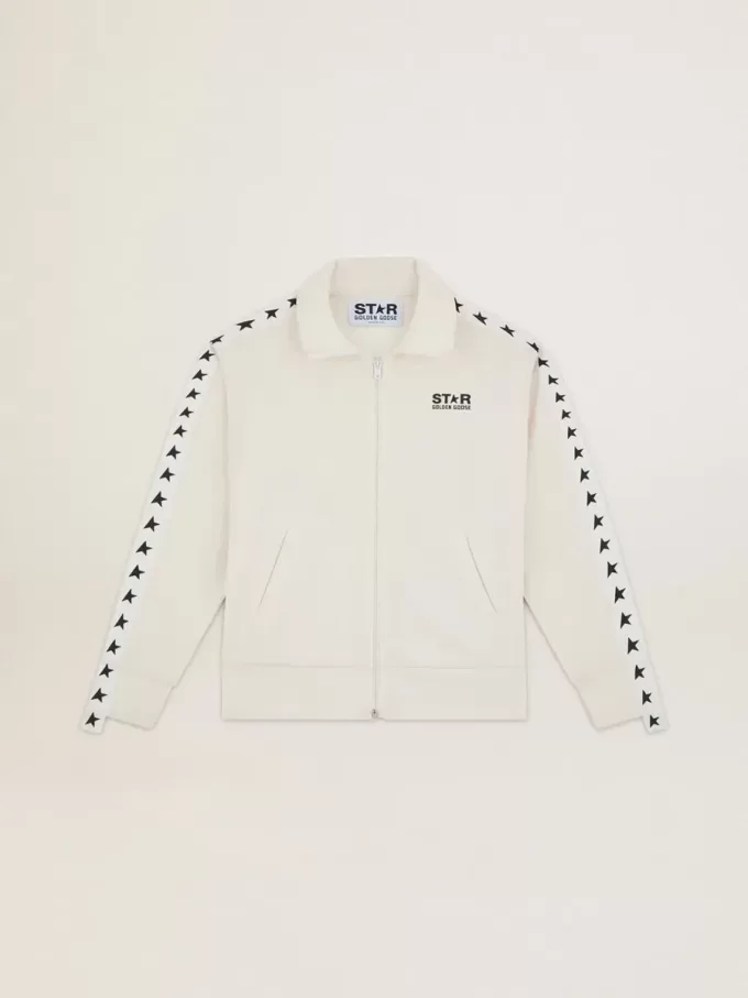 Wit damessweatshirt met ritssluiting, witte streep en zwarte sterren