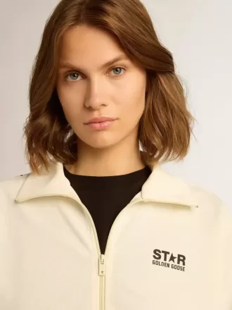 Wit damessweatshirt met ritssluiting, witte streep en zwarte sterren
