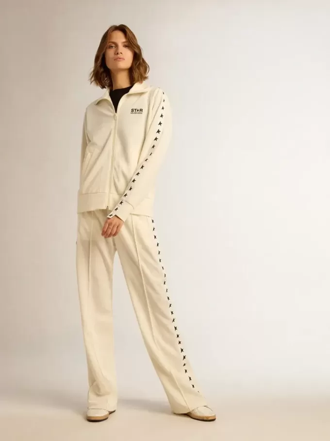 Wit damessweatshirt met ritssluiting, witte streep en zwarte sterren