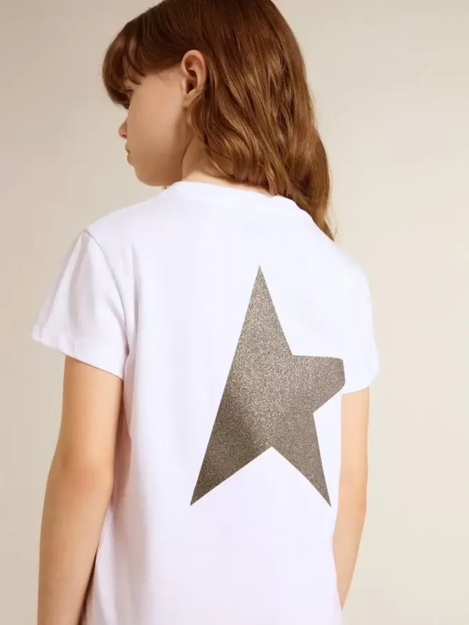 Wit en zilver T-shirt met logo en grote ster in zilveren glitter