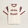 Wit heren-T-shirt met bordeauxrode letters op de voorkant
