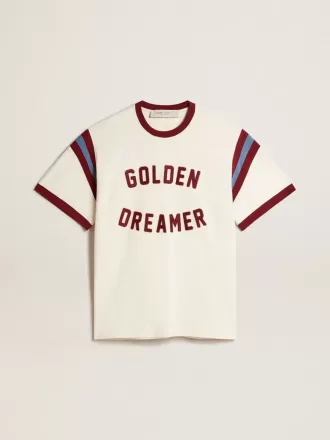 Wit heren-T-shirt met bordeauxrode letters op de voorkant