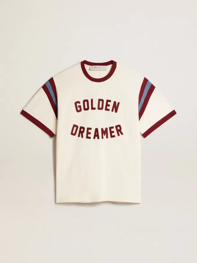 Wit heren-T-shirt met bordeauxrode letters op de voorkant