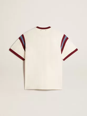 Wit heren-T-shirt met bordeauxrode letters op de voorkant
