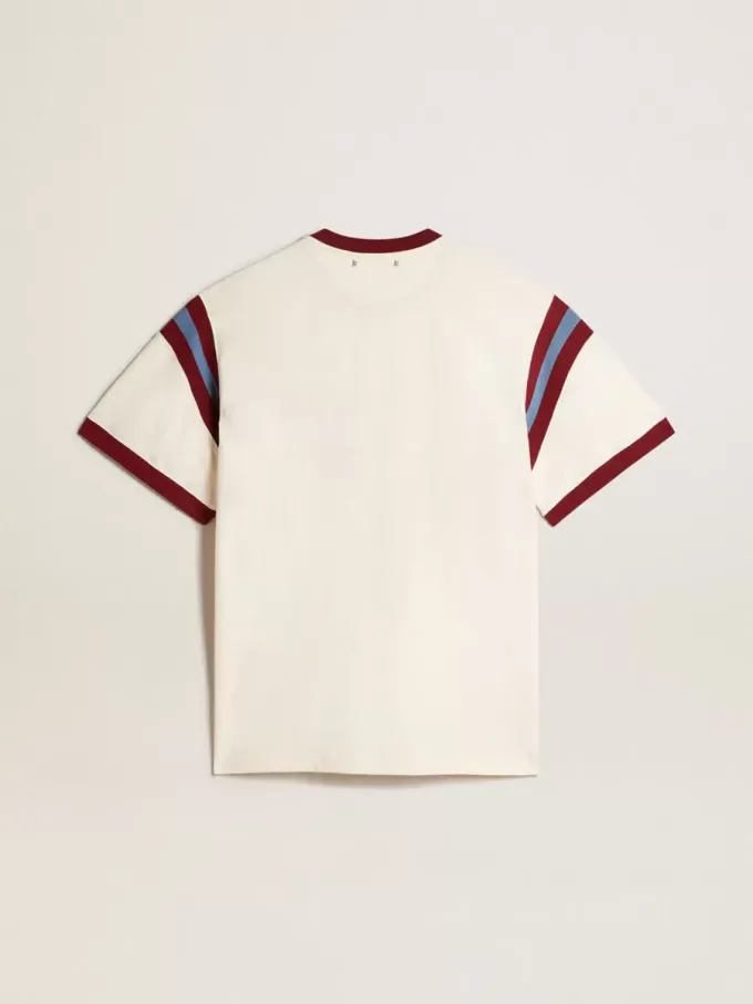 Wit heren-T-shirt met bordeauxrode letters op de voorkant